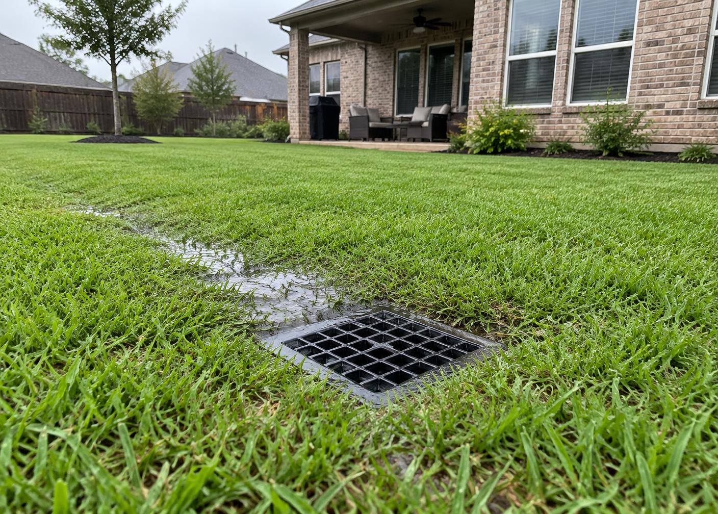 Representative catch basin collecting runoff in a Houston lawn