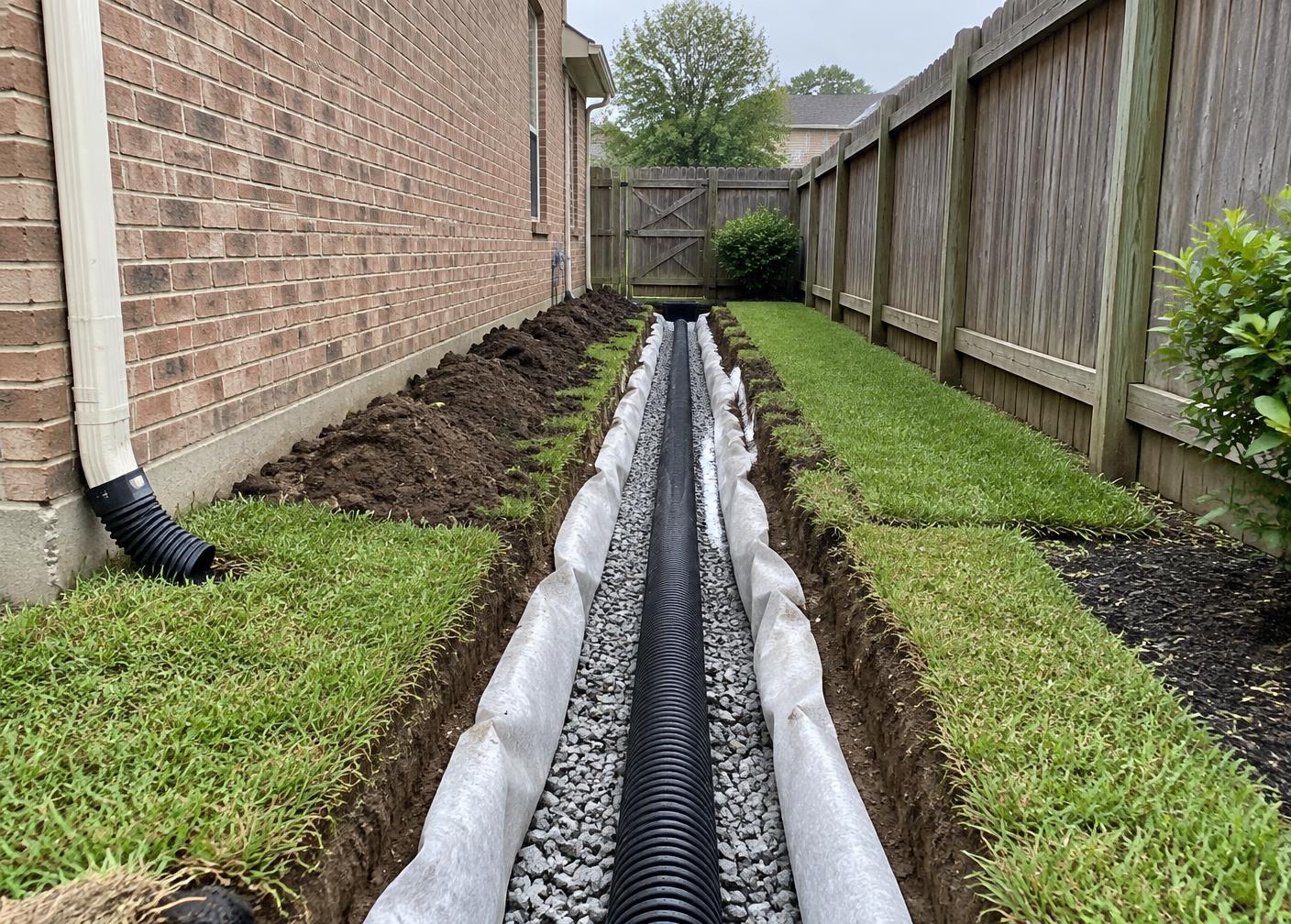 Representative French drain installation with geotextile, gravel, and perforated pipe